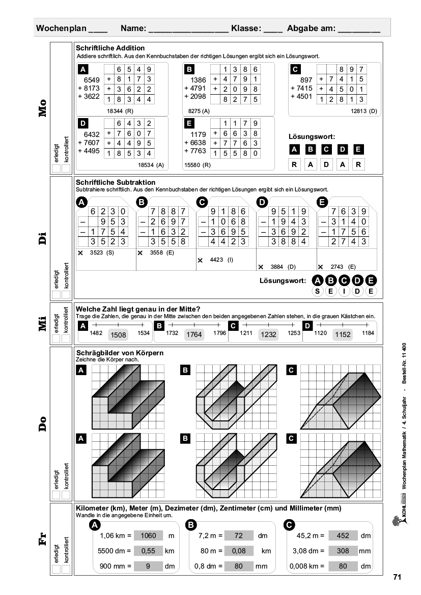 Wochenplan Mathe / Klasse 4