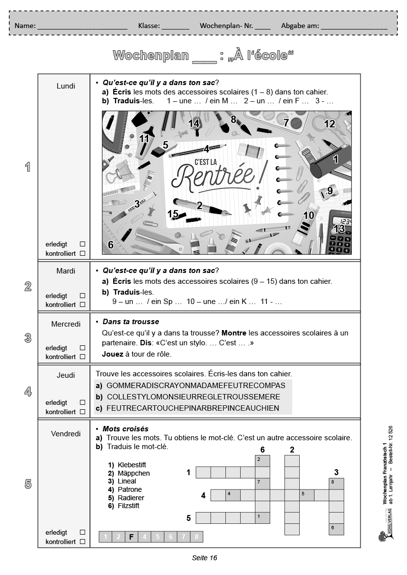 Wochenplan Französisch / ab 1. Lernjahr