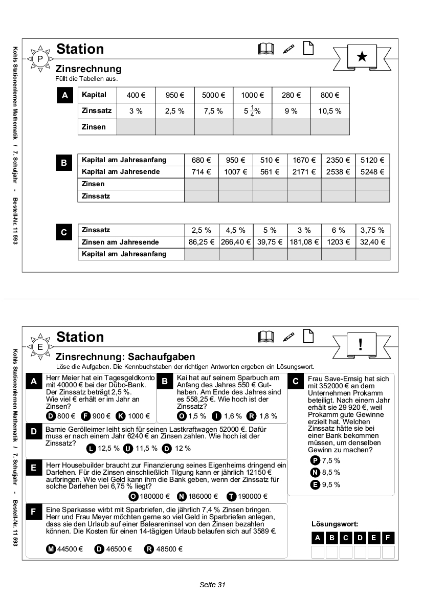 Stationenlernen Mathe / Klasse 7