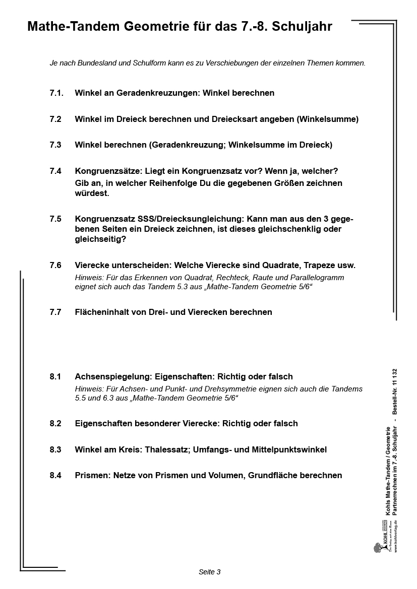 Kohls Mathe-Tandem Geometrie / Klasse 7-8