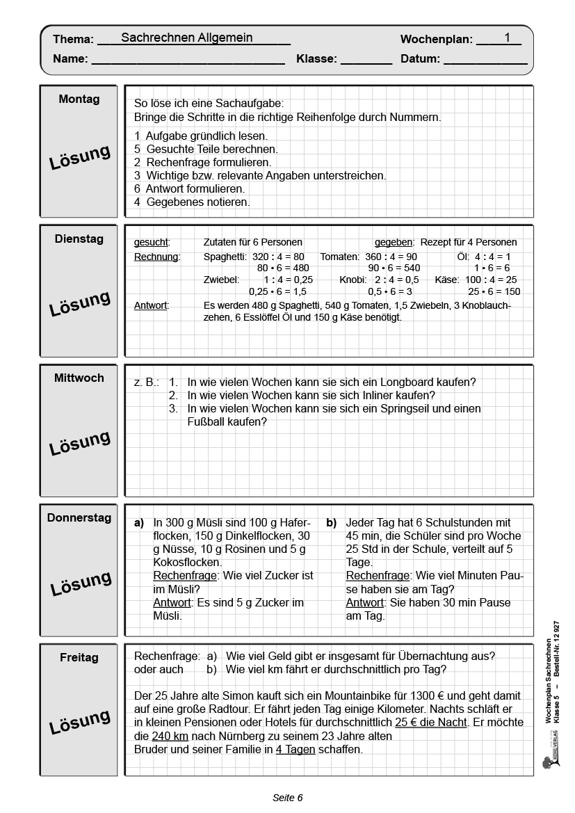 Wochenplan Sachrechnen / Klasse 5