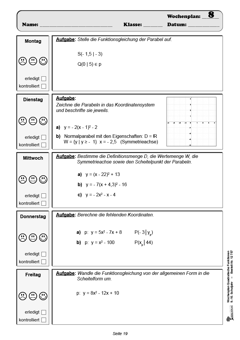 Wochenplan Quadratische Funktionen / Klasse 9-10