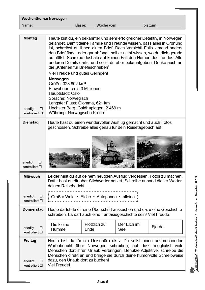 Wochenplan Freies Schreiben / Klasse 5