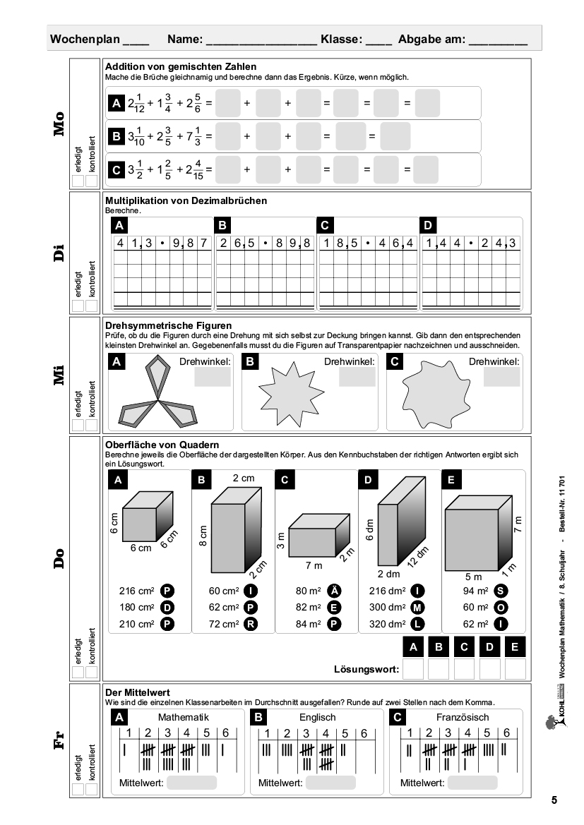 Wochenplan Mathe / Klasse 8