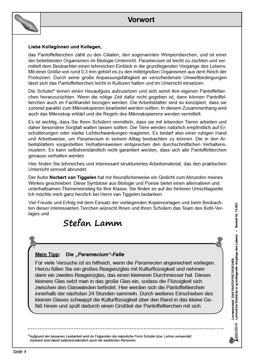 Lernwerkstatt Das Pantoffeltierchen Lernwerkstatt Das Pantoffeltierchen