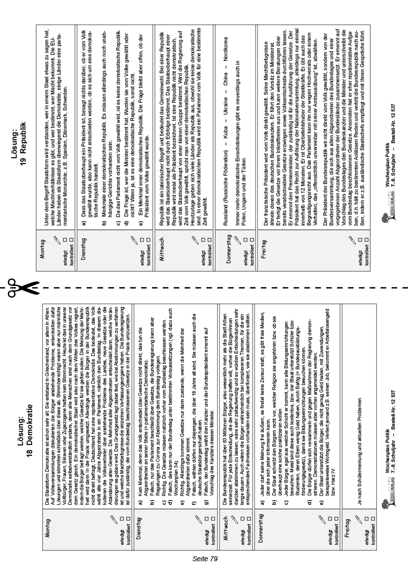 Wochenplan Politik / Klasse 7-8