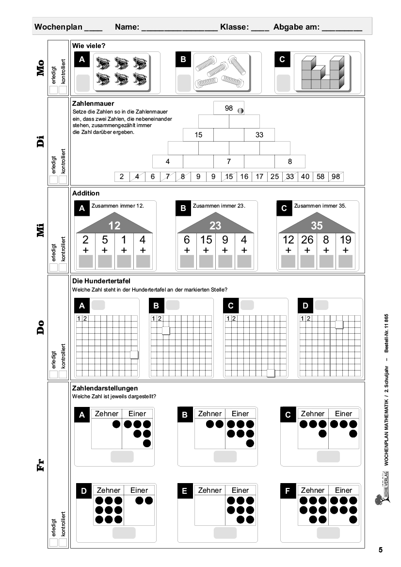 Wochenplan Mathe / Klasse 2