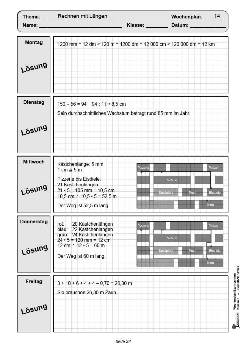 Wochenplan Sachrechnen / Klasse 5