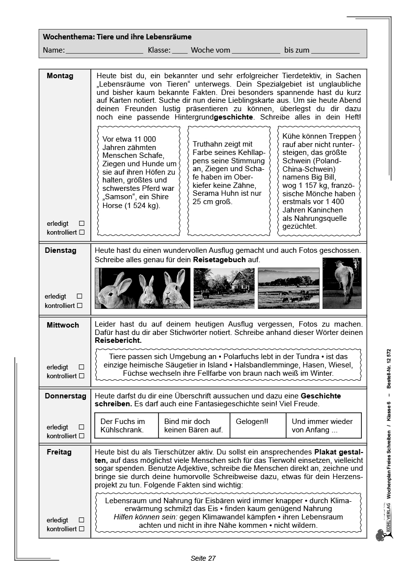 Wochenplan Freies Schreiben / Klasse 6