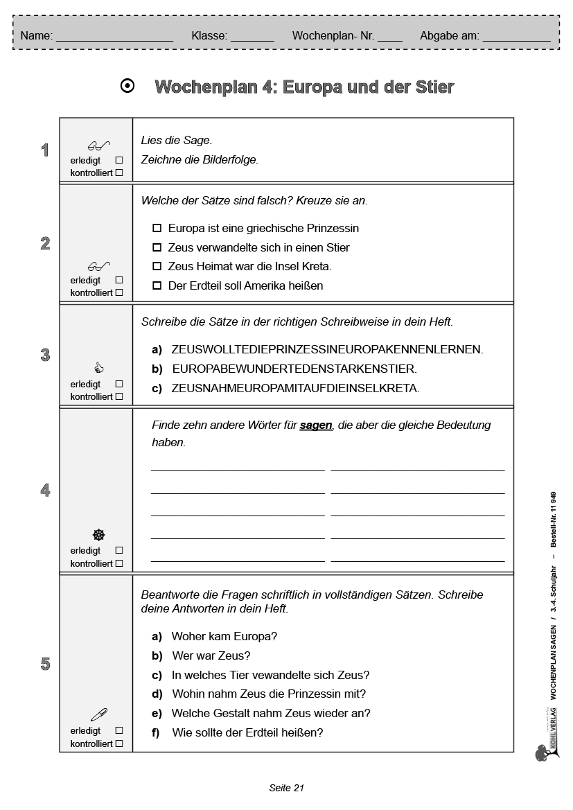 Wochenplan Sagen / Klasse 3-4