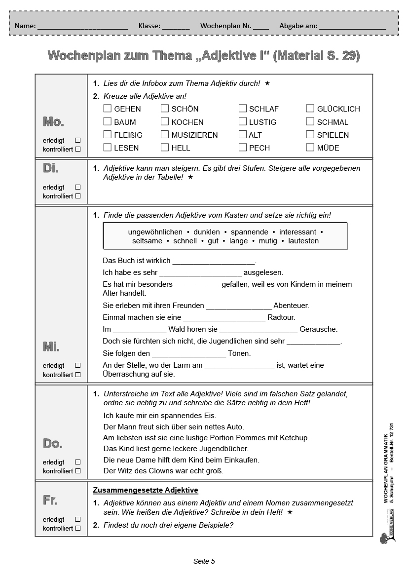 Wochenplan Grammatik / Klasse 5