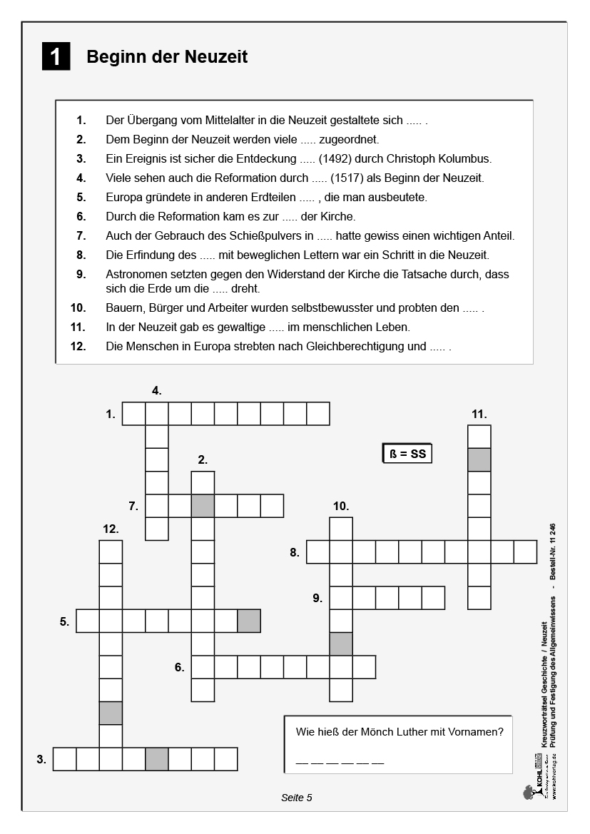 Kreuzworträtsel Geschichte / Neuzeit