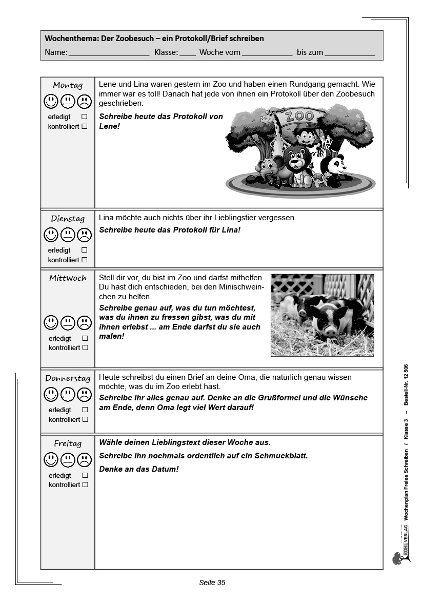 Wochenplan Freies Schreiben / Klasse 3