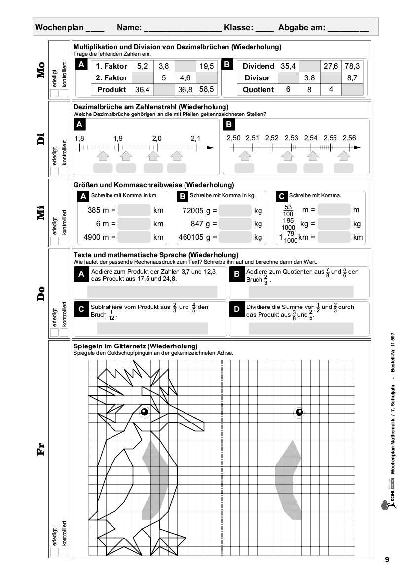 Wochenplan Mathe / Klasse 7