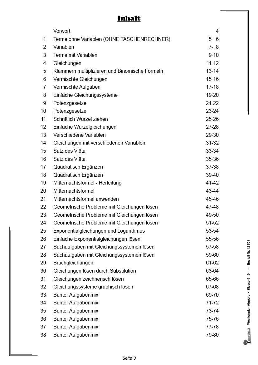 Wochenplan Algebra / Klasse 9-10