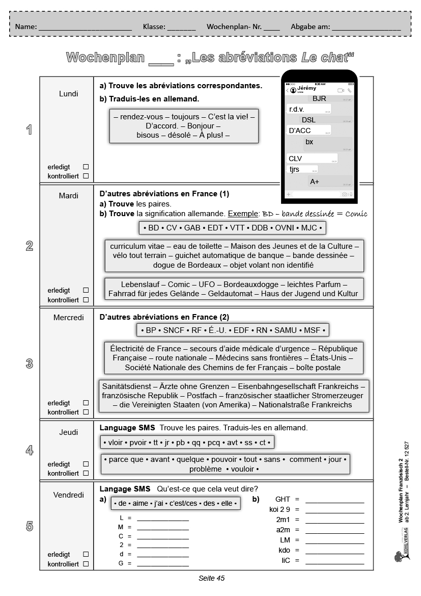 Wochenplan Französisch / ab 2. Lernjahr