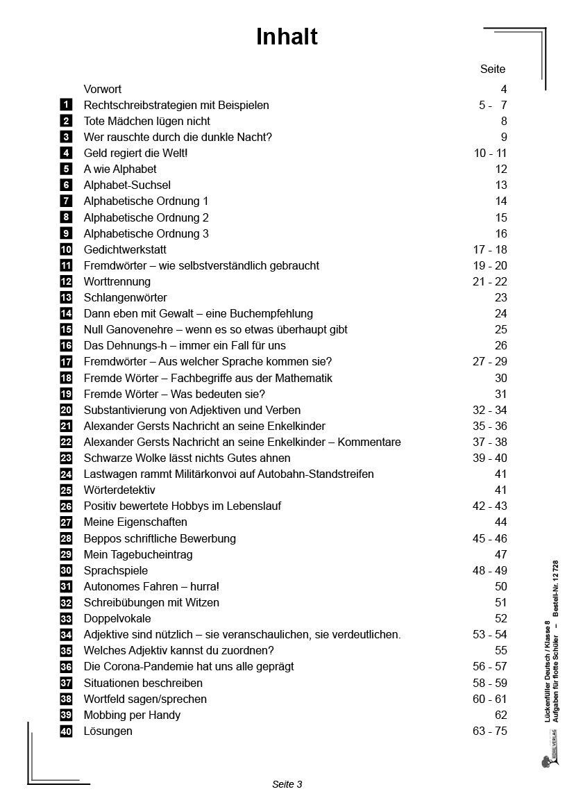 Lückenfüller Deutsch / Klasse 8