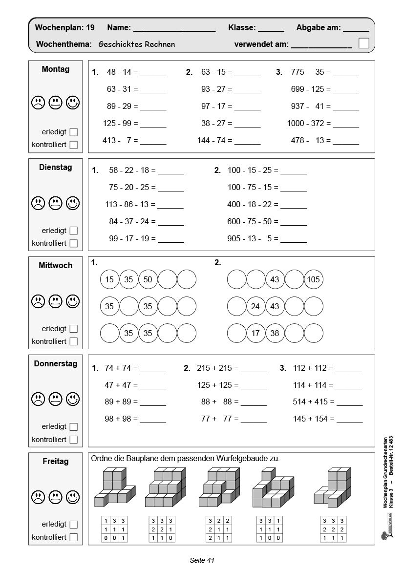 Wochenplan Grundrechenarten / Klasse 3