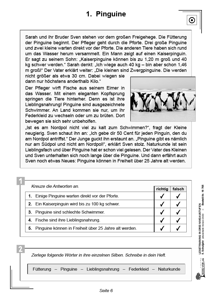 Lesetraining in drei Niveaustufen / Klasse 5