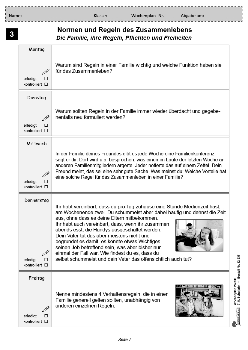 Wochenplan Politik / Klasse 7-8