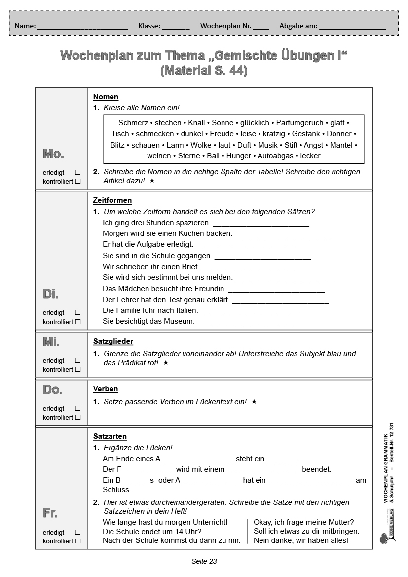 Wochenplan Grammatik / Klasse 5