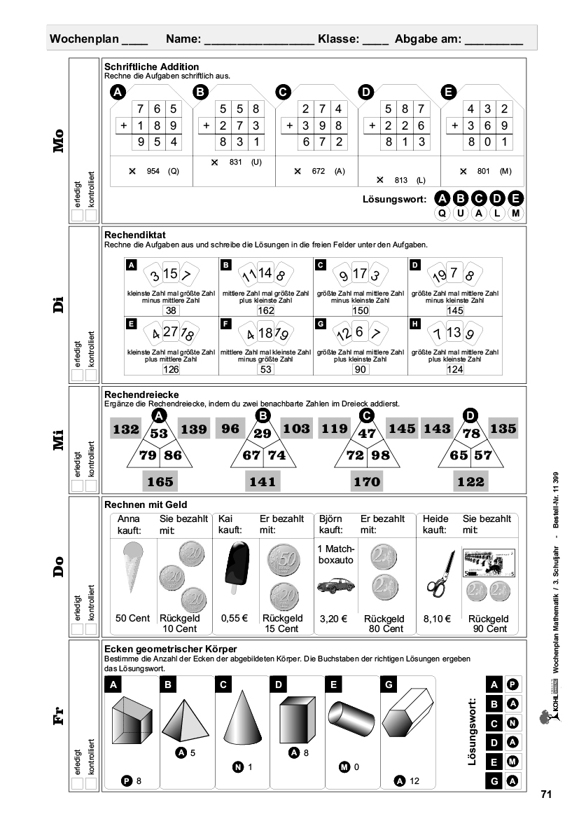 Wochenplan Mathe / Klasse 3