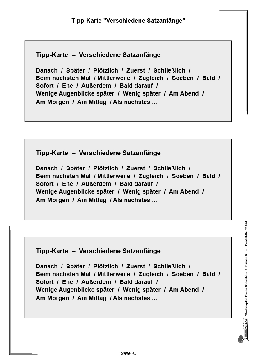 Wochenplan Freies Schreiben / Klasse 5