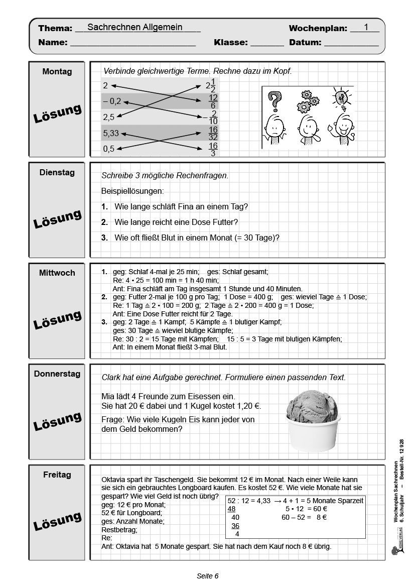 Wochenplan Sachrechnen / Klasse 6