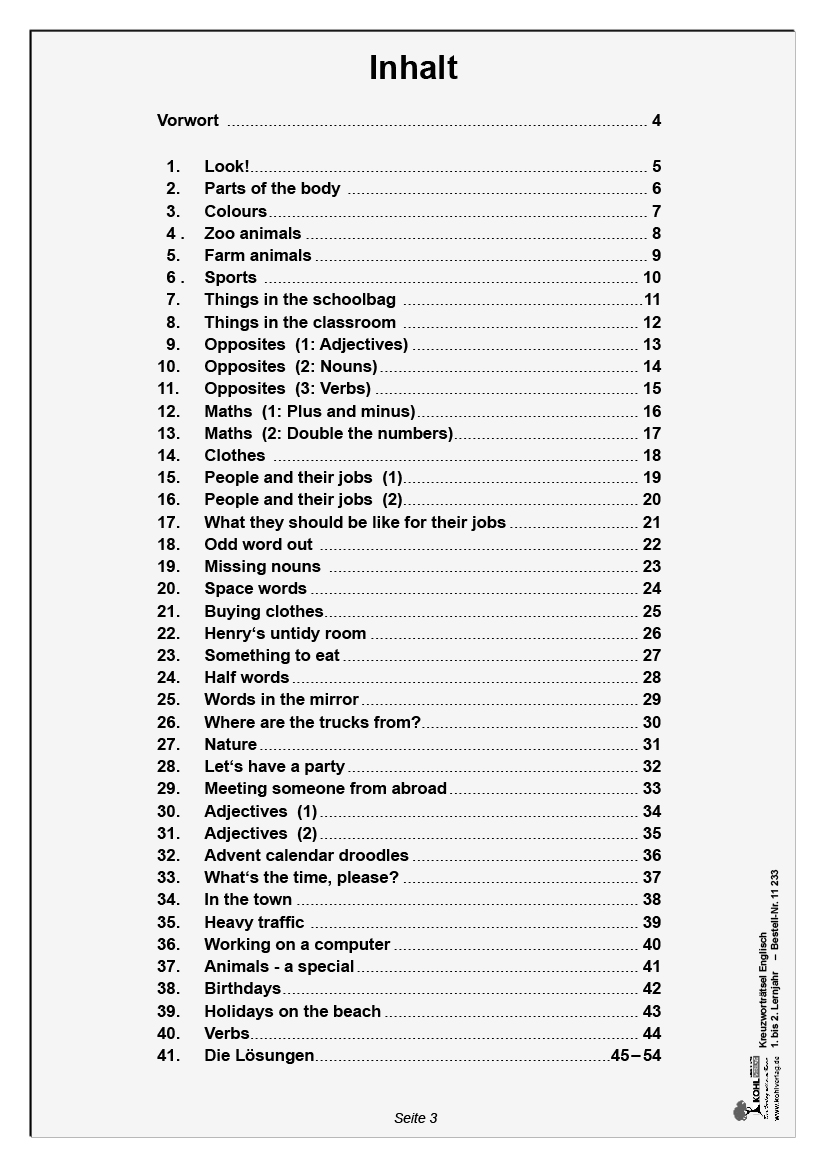 Kreuzworträtsel Englisch / 1.-2. Lernjahr