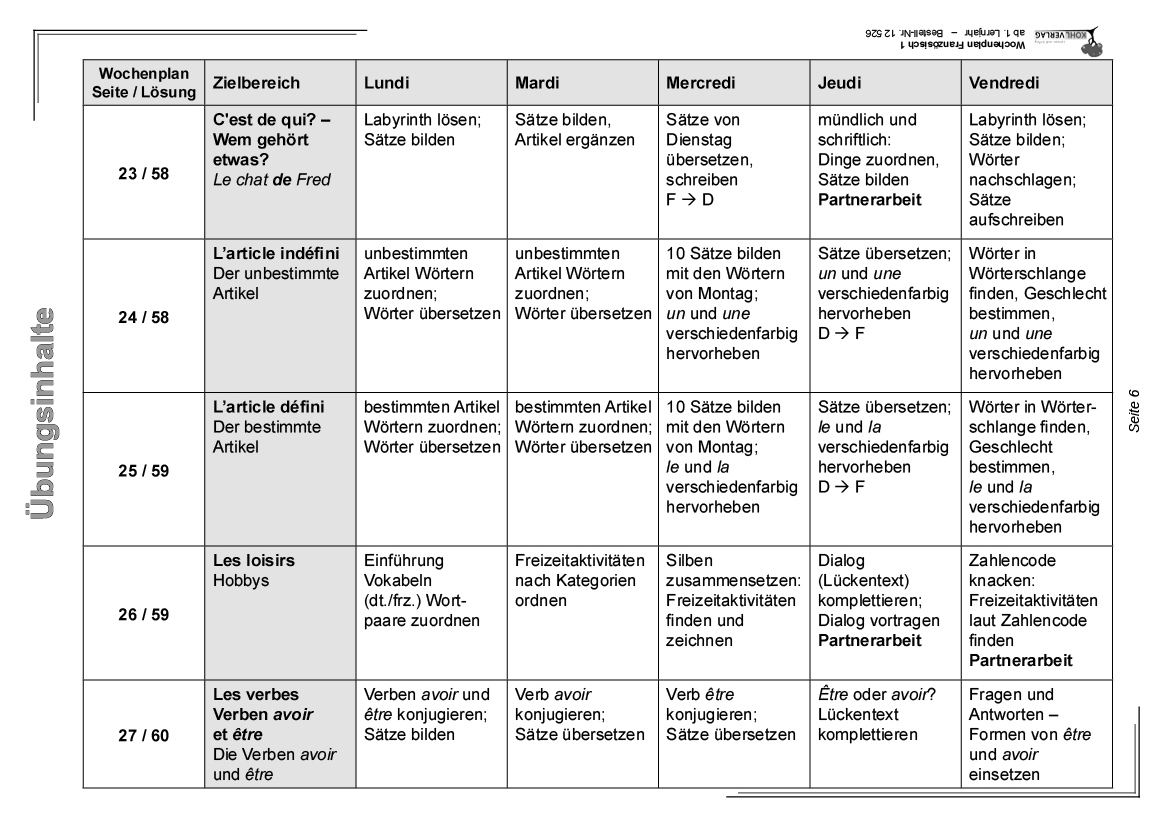 Wochenplan Französisch / ab 1. Lernjahr