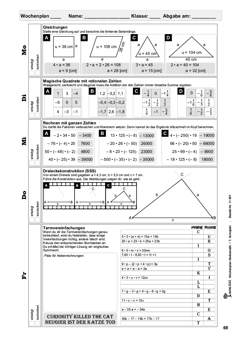 Wochenplan Mathe / Klasse 7