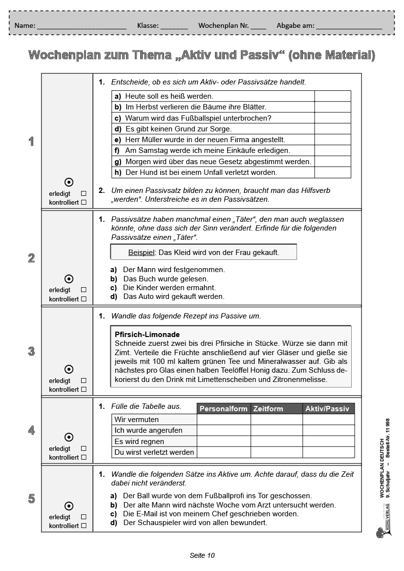 Wochenplan Deutsch / Klasse 9