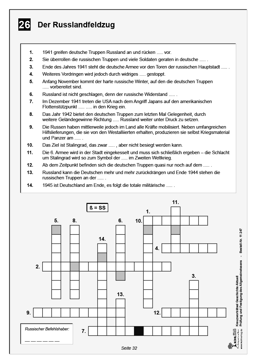 Kreuzworträtsel Geschichte / Von 1900 bis heute