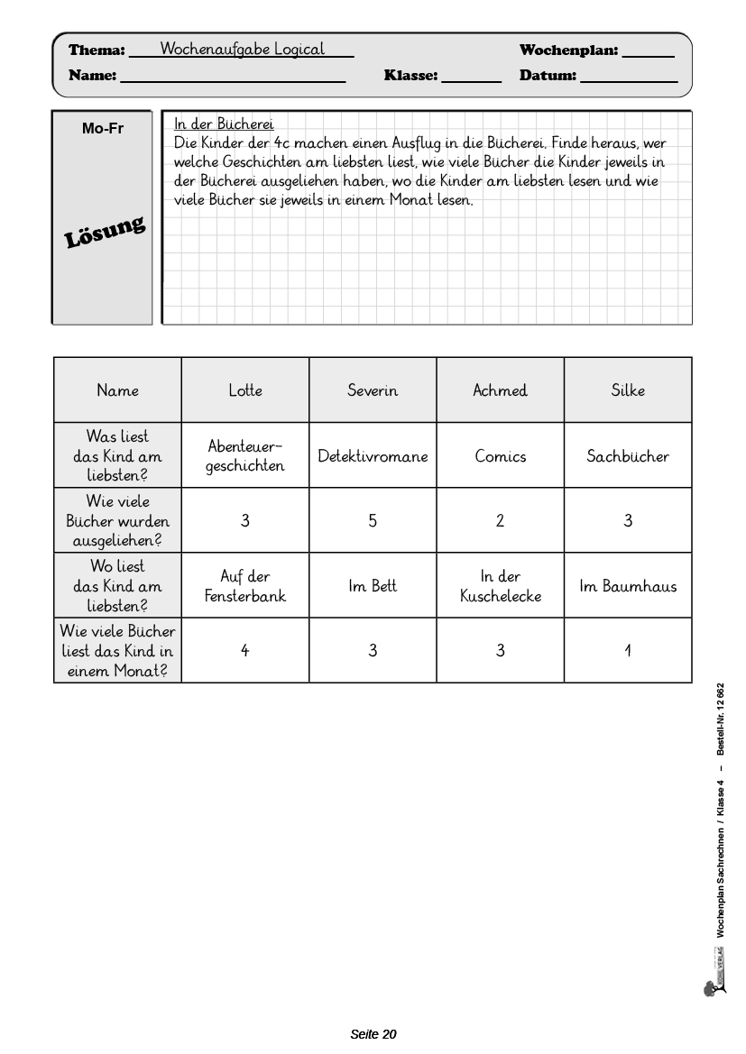 Wochenplan Sachrechnen / Klasse 4