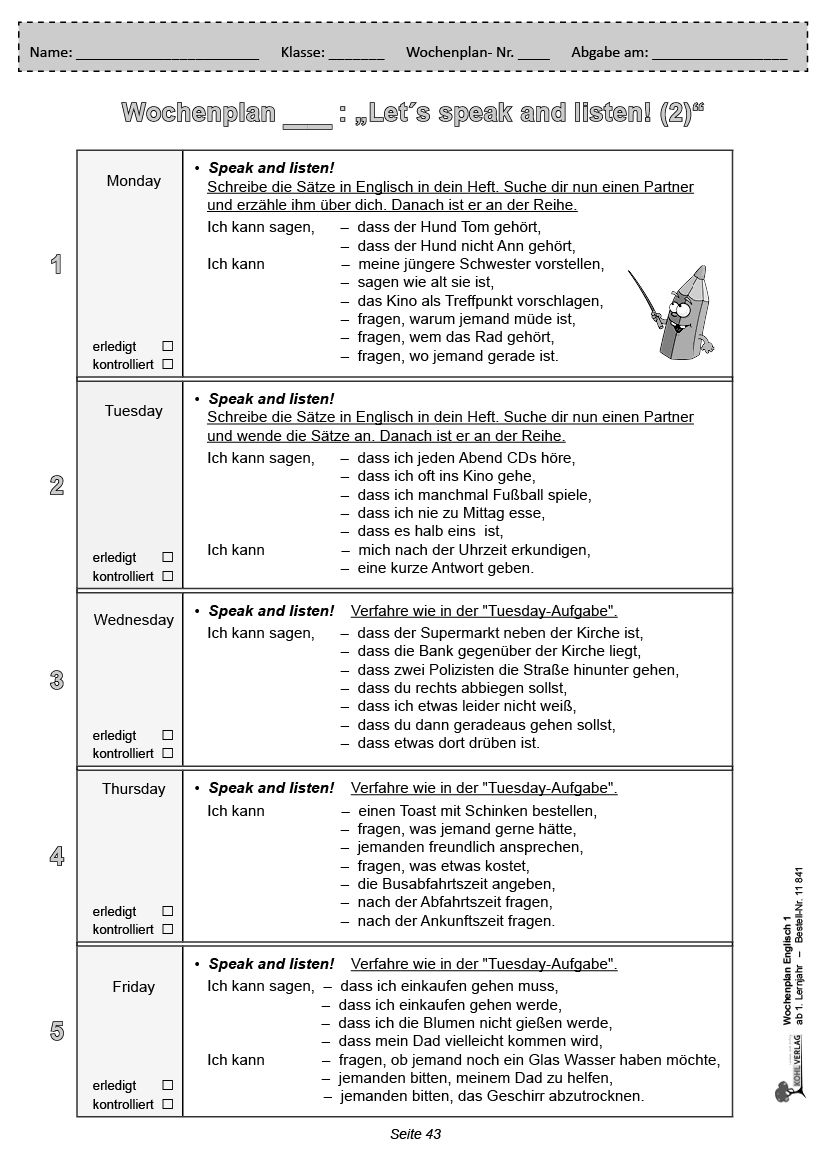 Wochenplan Englisch 1 / ab 1. Lernjahr