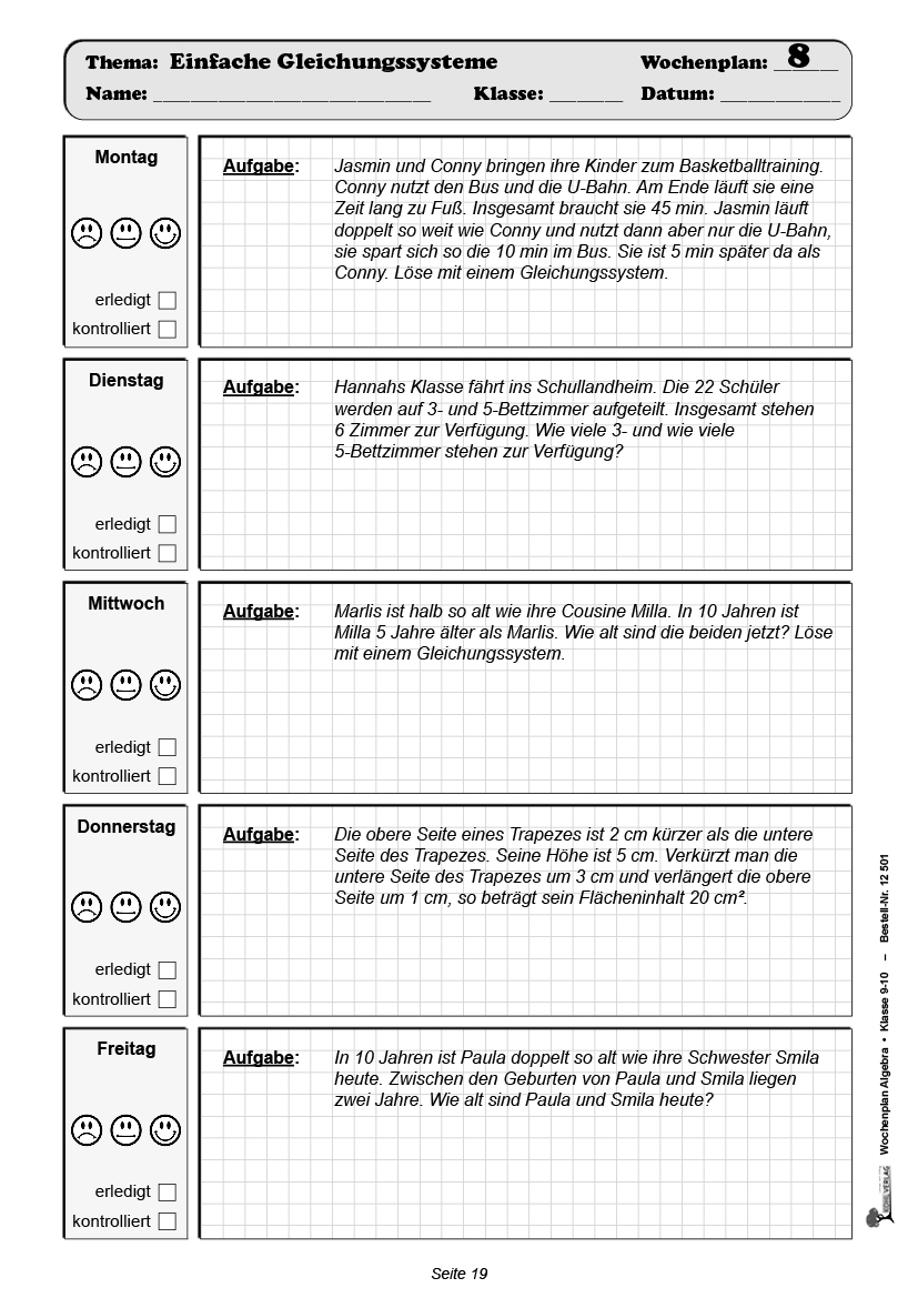 Wochenplan Algebra / Klasse 9-10