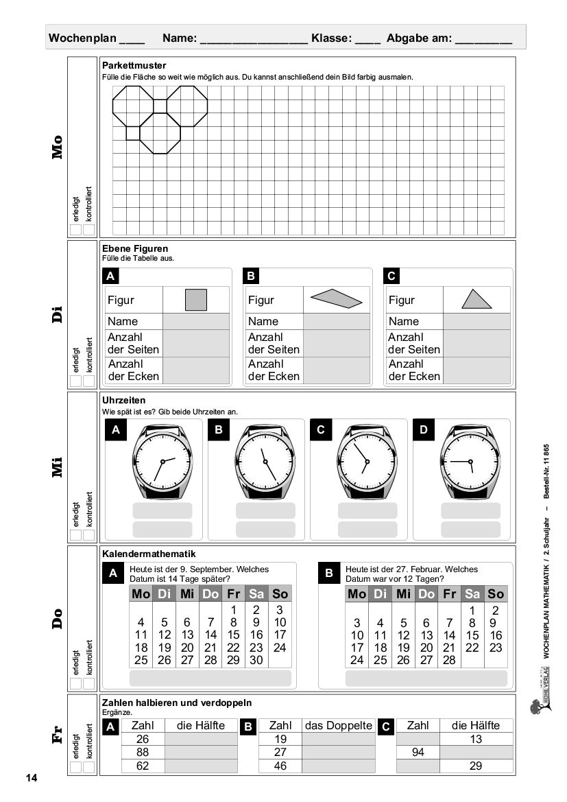 Wochenplan Mathe / Klasse 2