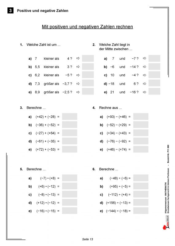 Positive Und Negative Zahlen übungen 7. Klasse Pdf Allgemeinwissen fördern MATHEMATIK: Positive und negative Zahlen