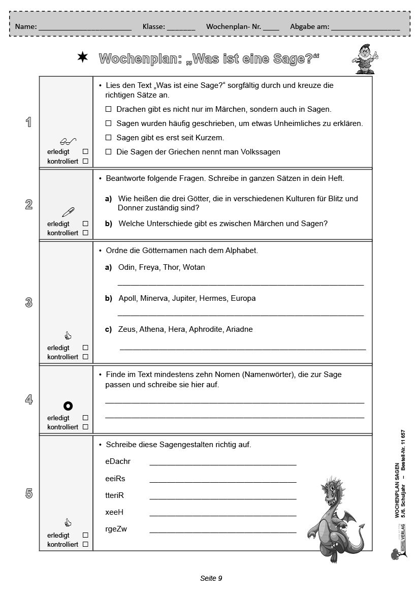 Wochenplan Sagen / Klasse 5-6