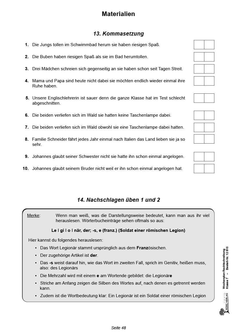 Wochenplan Rechtschreibung / Klasse 7
