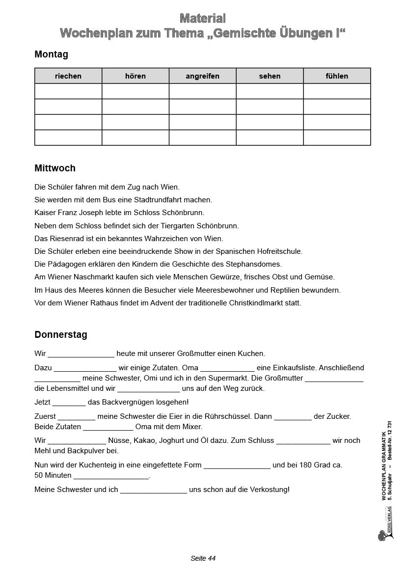 Wochenplan Grammatik / Klasse 5