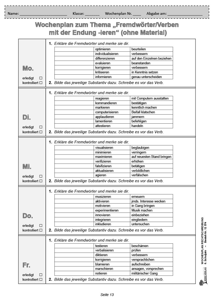 Wochenplan Rechtschreibung / Klasse 6