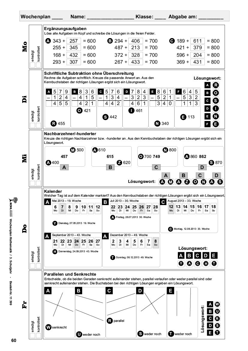 Wochenplan Mathe / Klasse 3