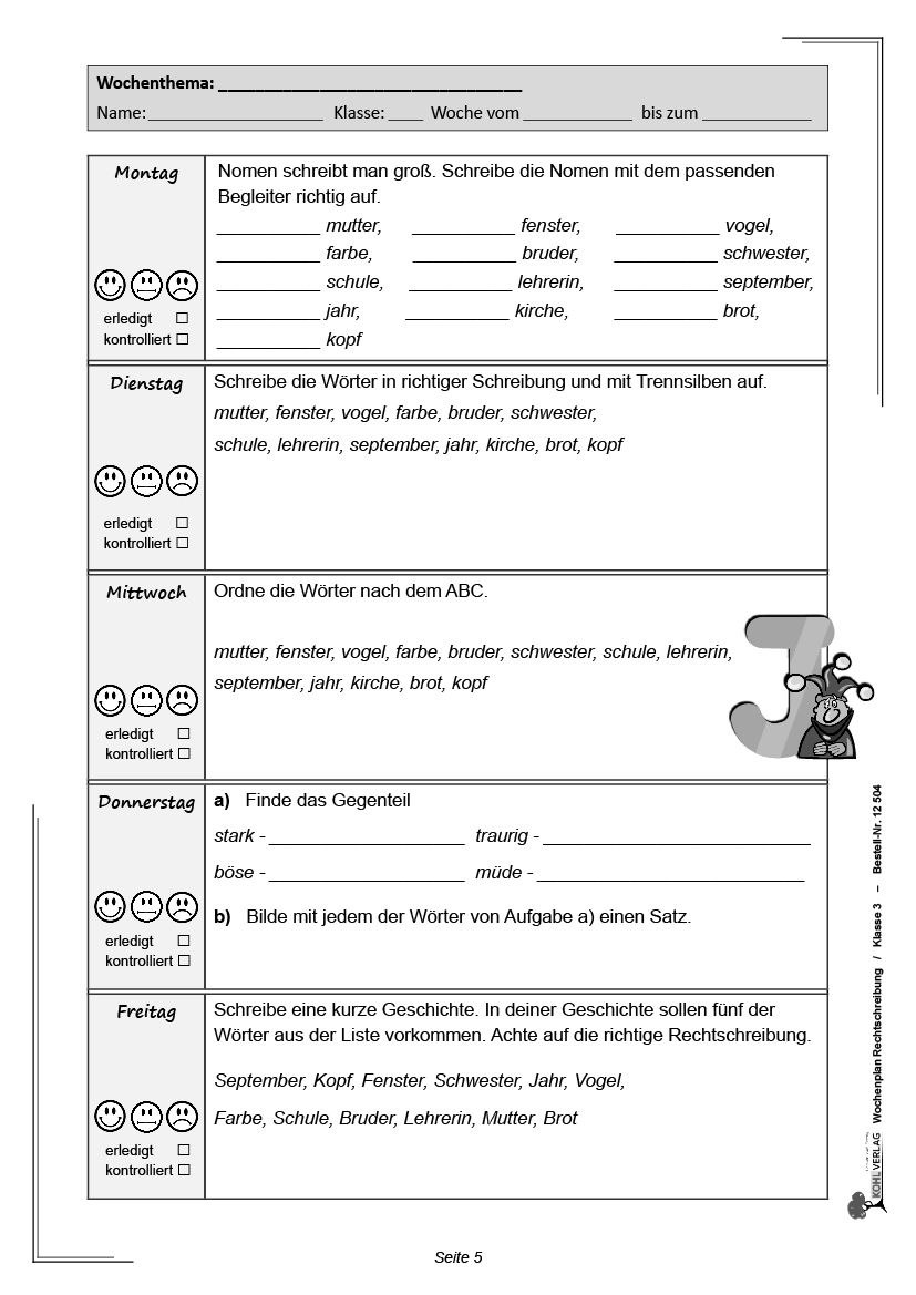 Wochenplan Rechtschreibung / Klasse 3