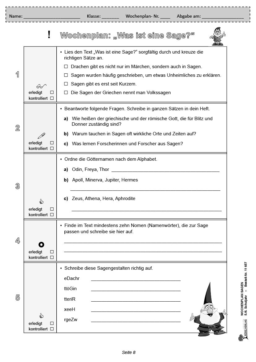Wochenplan Sagen / Klasse 5-6