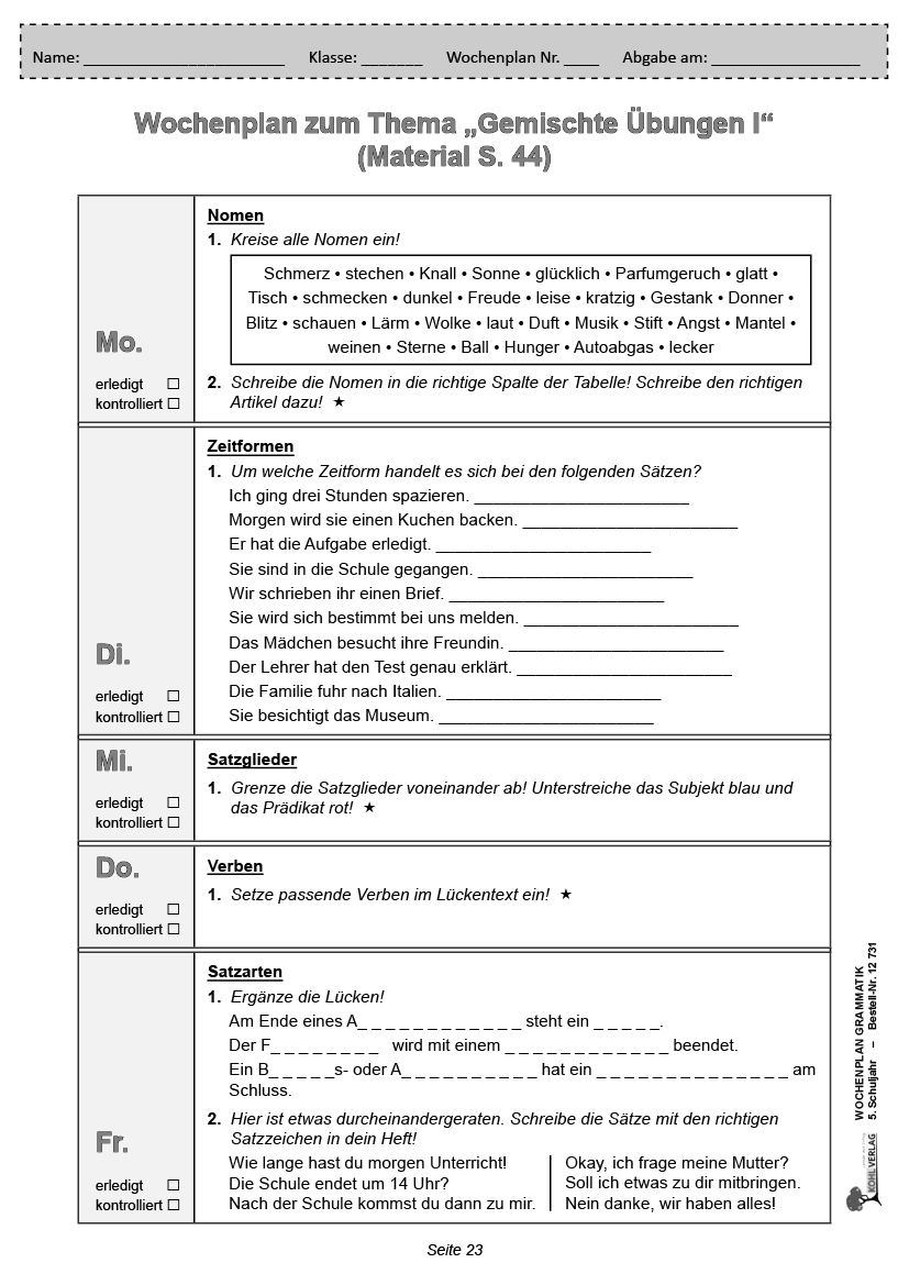 Wochenplan Grammatik / Klasse 5